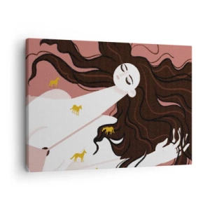 Tablou pe pânză Canvas - O figură cu ochii închiși înconjurată de cai aurii - 70x50cm - Visul despre calul de aur - Decorațiune modernă pentru perete pentru living și dormitor ARTTOR