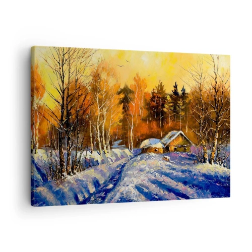 Tablou pe pânză Canvas - Peisaj de iarnă cu o casă în lumina soarelui care apune - 70x50cm - Impresie de iarnă în soare - Decorațiune modernă pentru perete pentru living și dormitor ARTTOR