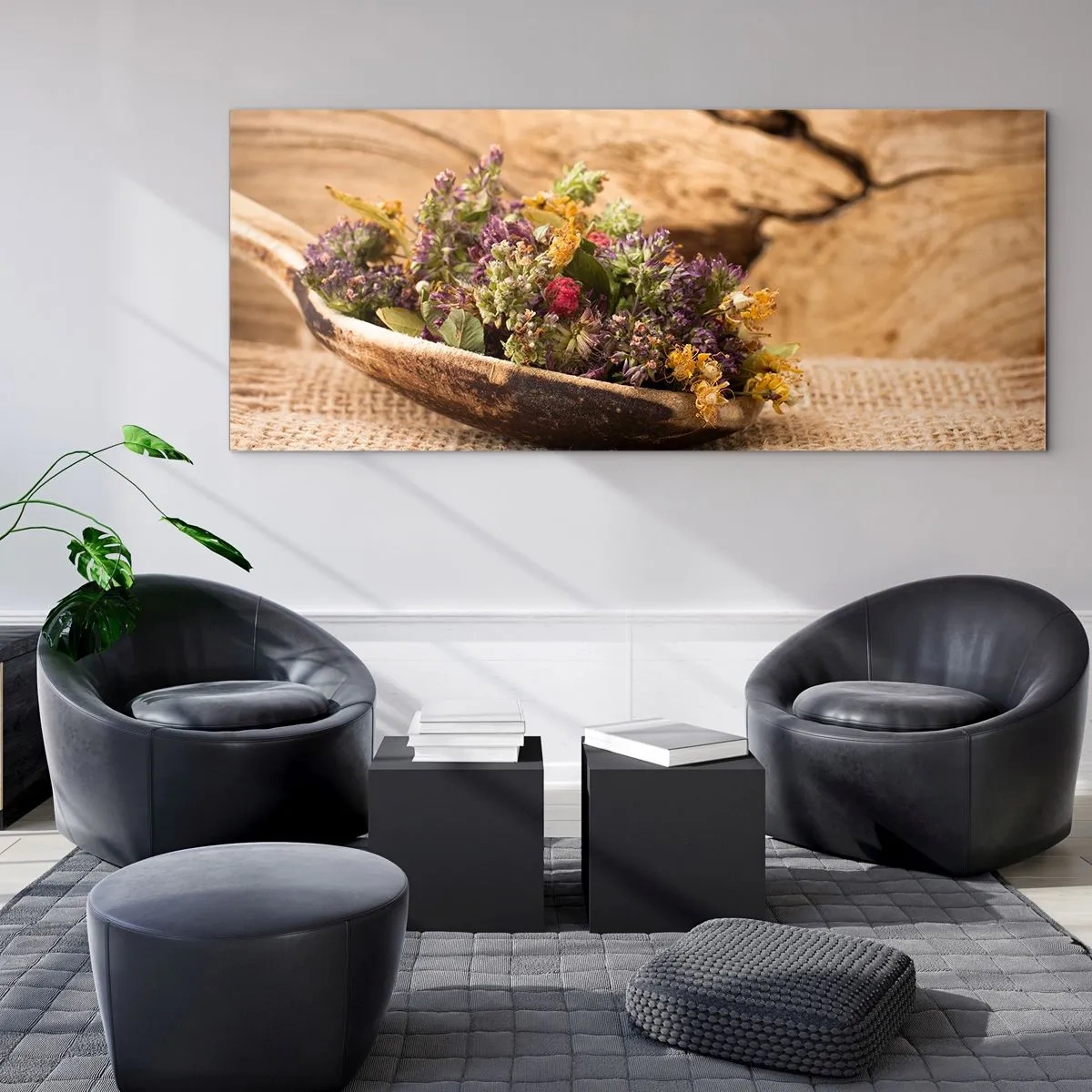 Tablou pe sticlă - Flori colorate și ierburi parfumate - 90x30 cm