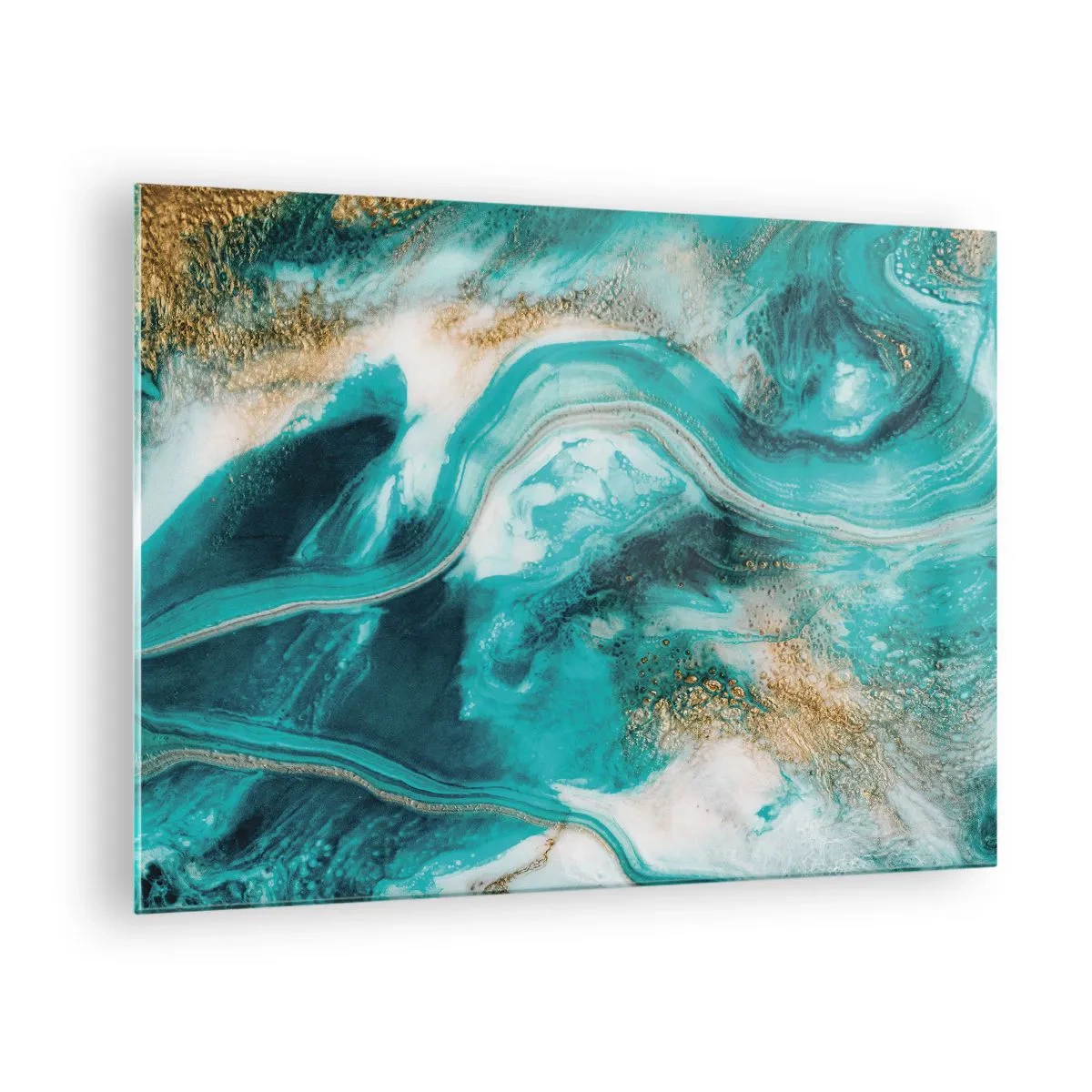 Tablou pe sticlă - O compoziție abstractă în turcoaz cu accente aurii. - 70x50cm - Râul de aur - Decorațiune modernă pentru perete pentru living și dormitor ARTTOR