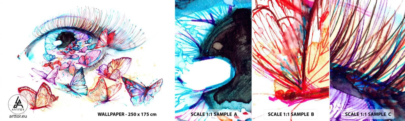 Mostră tapet autocolant Deluxe Sticker - Ochi de basm - Ochi de femeie, Fluture, Abstracția - 100x30 cm