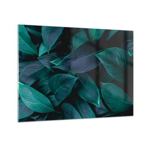 Tablou pe sticlă - Frunze verzi dense pe un fundal întunecat - 70x50cm - Verdeața în sine - Decorațiune modernă pentru perete pentru living și dormitor ARTTOR