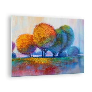 Tablou pe sticlă - Copaci colorați în culorile toamnei pe un cer albastru - 70x50cm - Coroanele culorilor - Decorațiune modernă pentru perete pentru living și dormitor ARTTOR