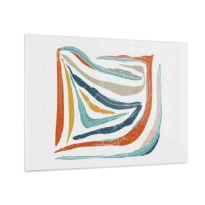 Tablou pe sticlă - Dungile colorate creează o abstracție dinamică pe un fundal alb - 70x50cm - Abstracție prietenoasă și zâmbitoare - Decorațiune modernă pentru perete pentru living și dormitor ARTTOR