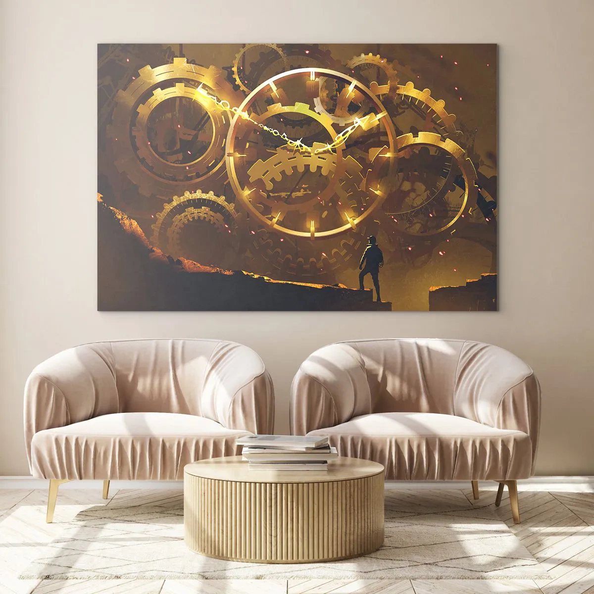 Tablou pe sticlă - Angrenaje steampunk aurii cu iluminare din spate pe fundalul unei siluete umane - 70x50cm - La sursa timpului - Decorațiune modernă pentru perete pentru living și dormitor ARTTOR