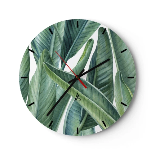 Ceas de perete - Ceas pe sticlă - Ilustrație cu frunze verzi pe un fundal deschis - 30x30cm - Verdeața în sine - Decorațiune modernă pentru perete pentru living, bucătărie și dormitor ARTTOR
