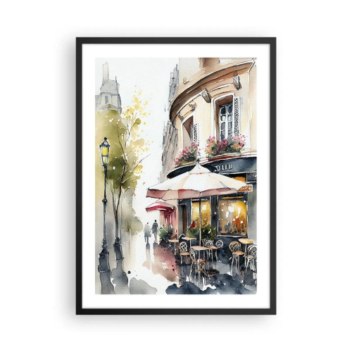 Poster în ramă neagră - O cafenea pe o stradă pitorească în stil european - 50x70cm - Dimineață pariziană - Decorațiune modernă pentru perete pentru living și dormitor ARTTOR
