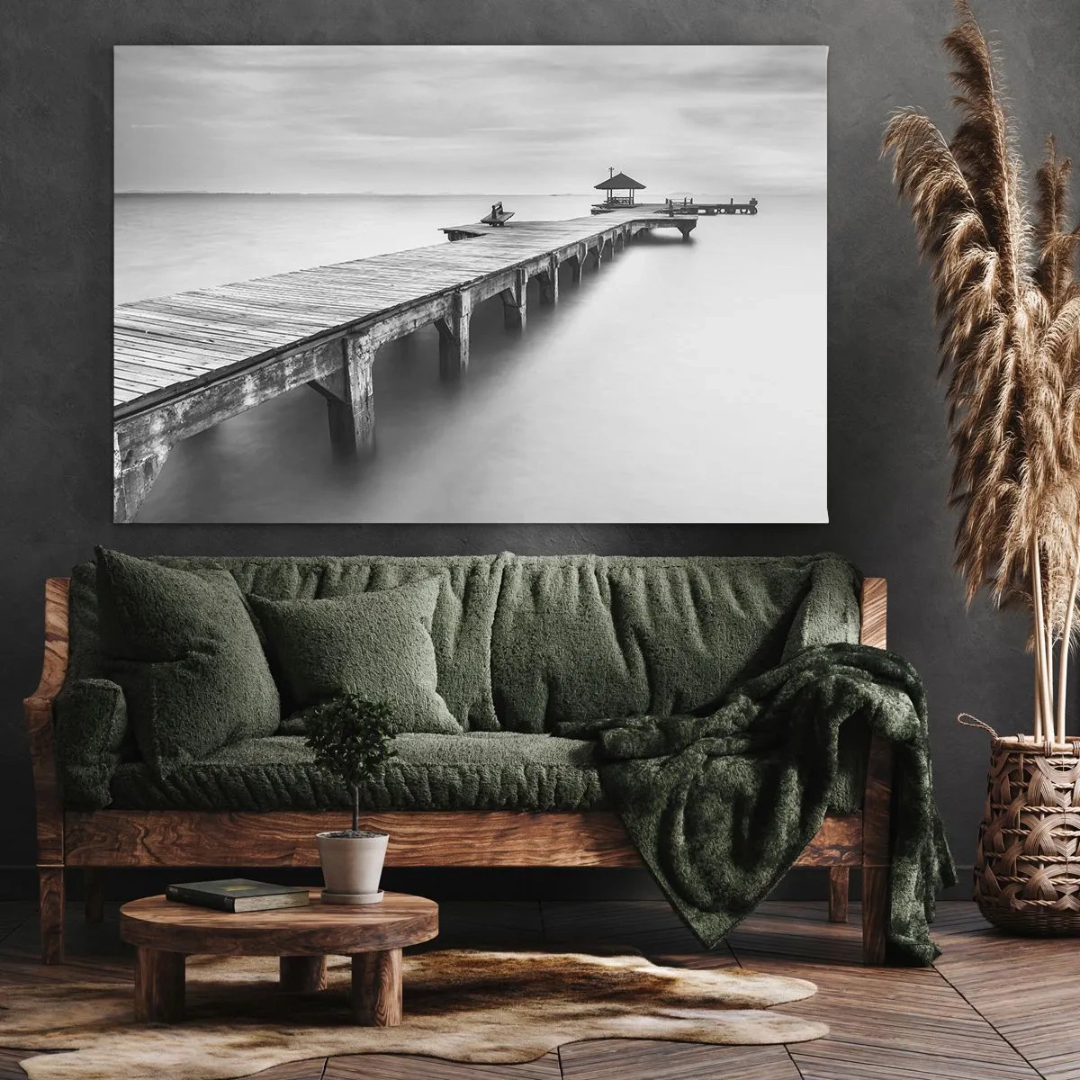Tablou pe pânză Canvas - O vedere alb-negru a unui dig de lemn peste o apă calmă. - 70x50cm - În depărtare - Decorațiune modernă pentru perete pentru living și dormitor ARTTOR