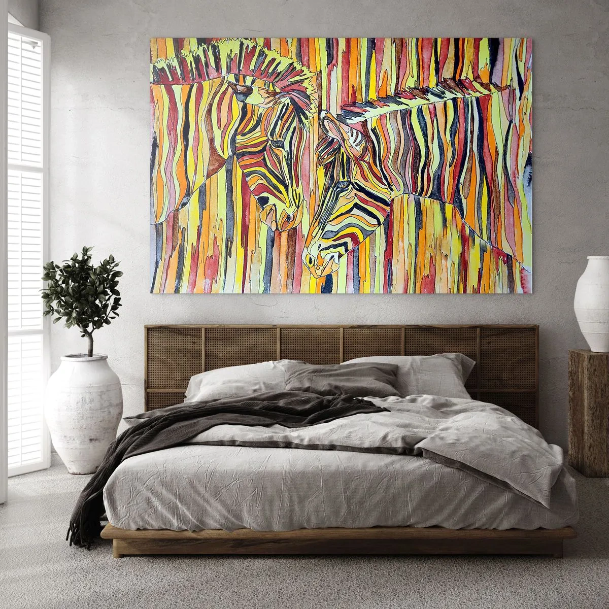 Tablou pe sticlă - Zebre colorate într-un stil artistic de acuarelă - 70x50cm - Deci și tu.. - Decorațiune modernă pentru perete pentru living și dormitor ARTTOR