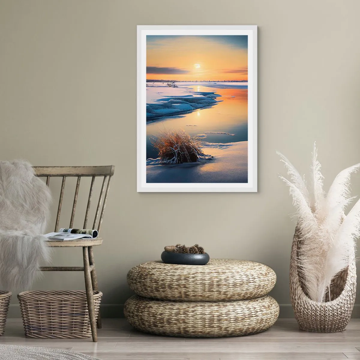 Poster în ramă albă - Apus de soare pe timp de iarnă - 61x91 cm