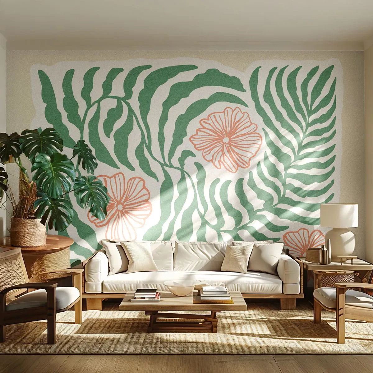 Tapet Standard Eco - Înflorite în verde - Boho, Botanic, Flori - 350x256 cm