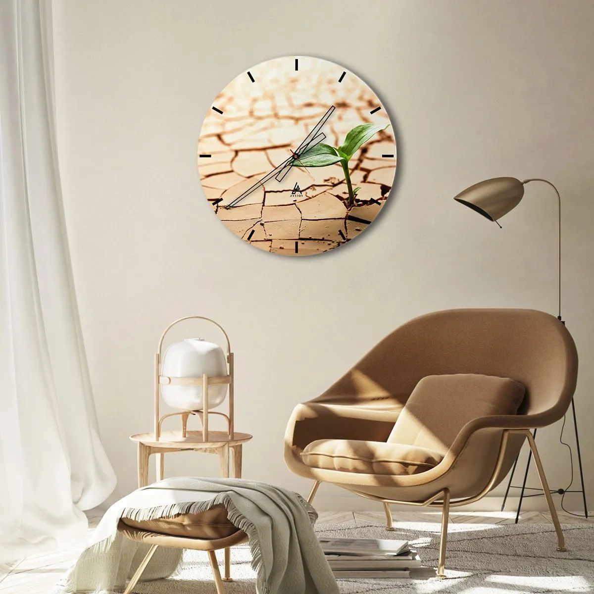 Ceas de perete - Ceas pe sticlă - Un vlăstar verde care crește din pământ uscat - 30x30cm - Forța irepresibilă a vieții - Decorațiune modernă pentru perete pentru living, bucătărie și dormitor ARTTOR