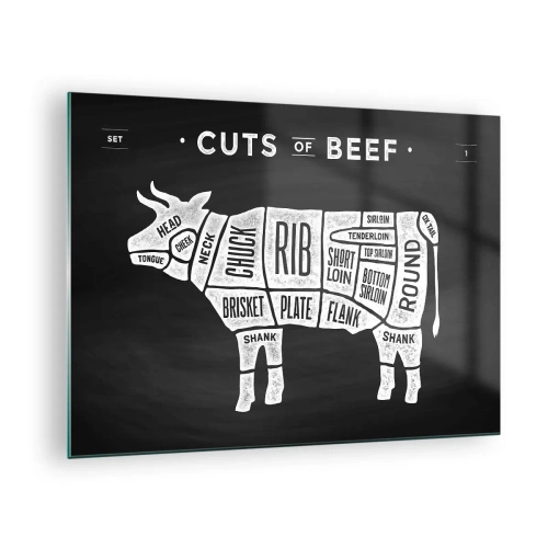 Tablou pe sticlă - Diagrama tăierii de vită pe o tablă neagră - 70x50cm - Abecedar de măcelar - Decorațiune modernă pentru perete pentru living și dormitor ARTTOR