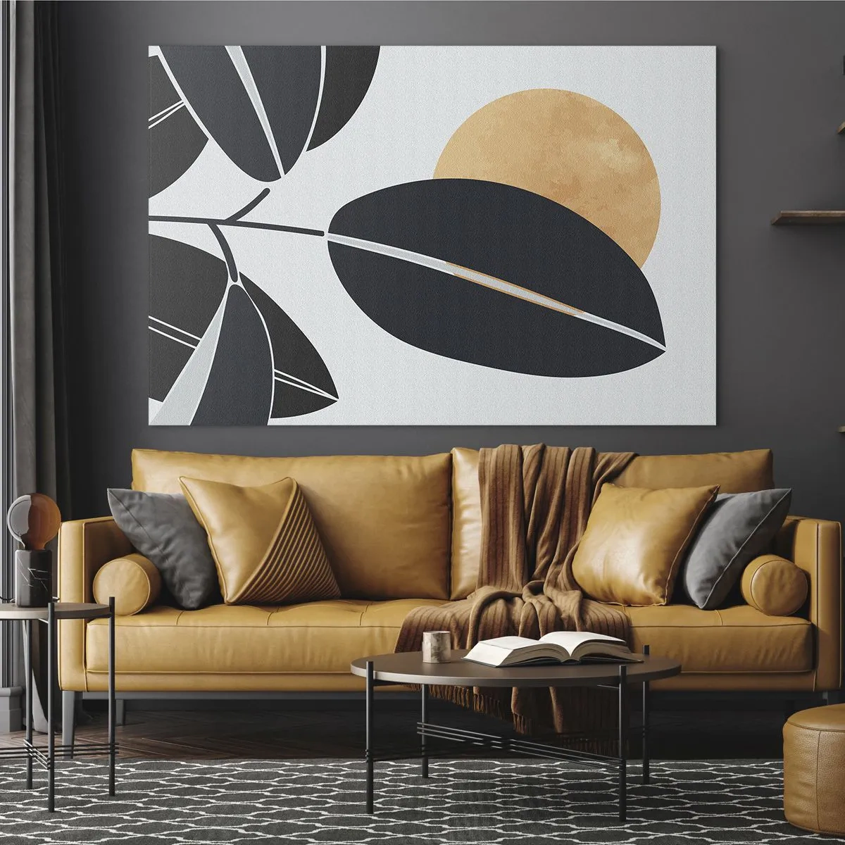 Tablou pe sticlă - Frunze stilizate în negru cu un soare portocaliu în fundal - 70x50cm - Ziua unei veri fierbinți - Decorațiune modernă pentru perete pentru living și dormitor ARTTOR