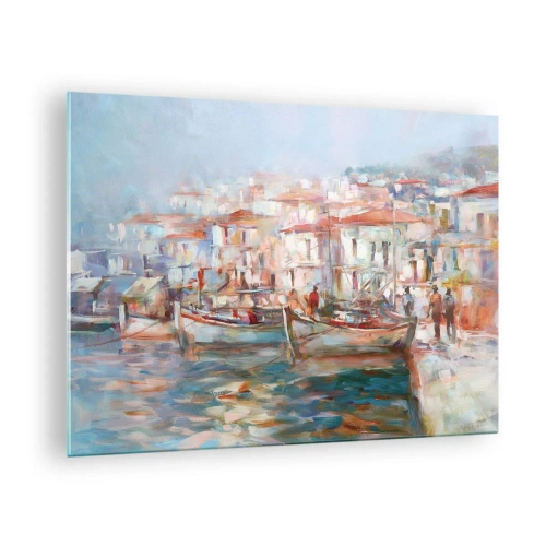 Tablou pe sticlă - Un port pitoresc cu bărci în culori pastelate - 70x50cm - Vacanță pastelată - Decorațiune modernă pentru perete pentru living și dormitor ARTTOR