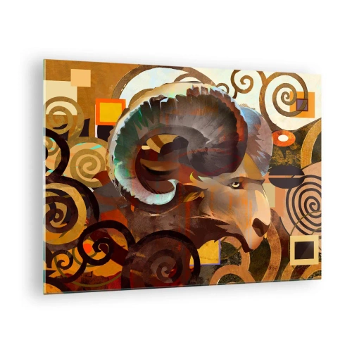Tablou pe sticlă - O imagine artistică a unui berbec într-o compoziție geometrică și spiralată. - 70x50cm - Magii - religii - ritualuri - Decorațiune modernă pentru perete pentru living și dormitor ARTTOR