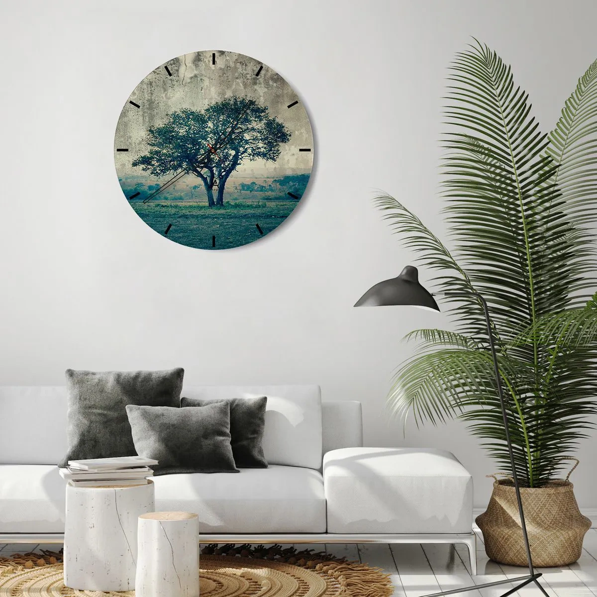 Ceas de perete - Ceas pe sticlă - Un copac singuratic pe fundalul unui peisaj albastru - 30x30cm - Un măr pe o pajiște albastră? - Decorațiune modernă pentru perete pentru living, bucătărie și dormitor ARTTOR