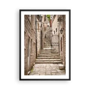 Poster în ramă neagră - O stradă de piatră cu scări și felinare istorice - 50x70cm - Stradă veche magică - Decorațiune modernă pentru perete pentru living și dormitor ARTTOR