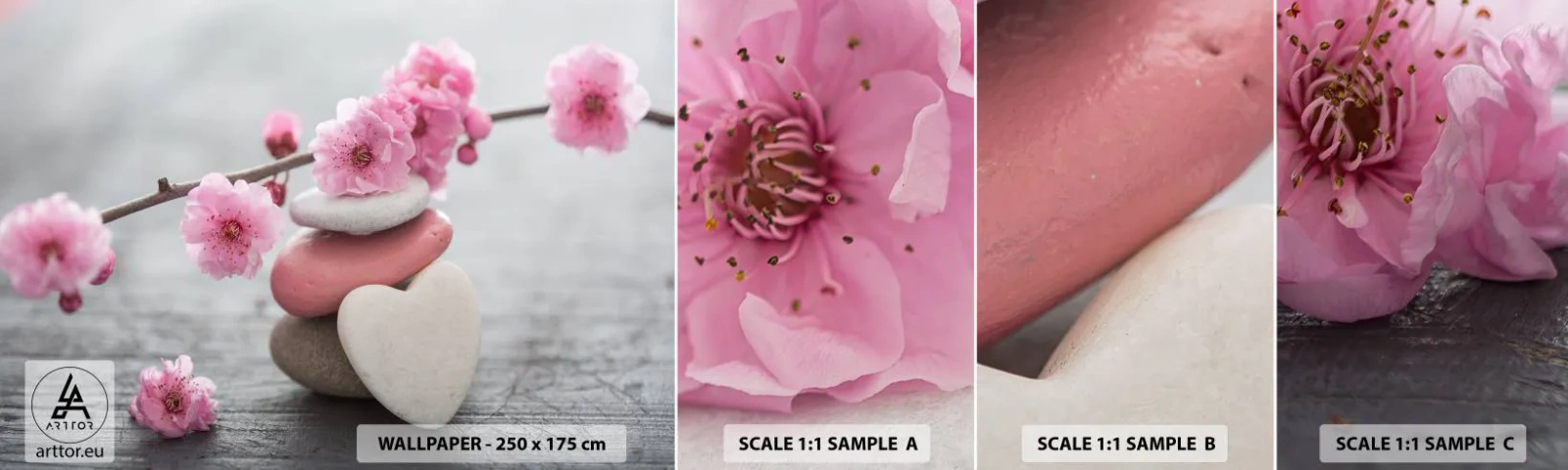 Mostră tapet autocolant Deluxe Sticker - Fericirea florilor de cireș - inima, Floare, Pietre - 100x30 cm