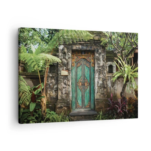 Tablou pe pânză Canvas - Uși decorative înconjurate de vegetație tropicală - 70x50cm - O ușă către o lume exotică - Decorațiune modernă pentru perete pentru living și dormitor ARTTOR