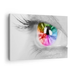 Tablou pe pânză Canvas - Fotografie artistică a unui ochi cu iris curcubeu pe un fundal gri - 70x50cm - Priviți lumea în culori - Decorațiune modernă pentru perete pentru living și dormitor ARTTOR