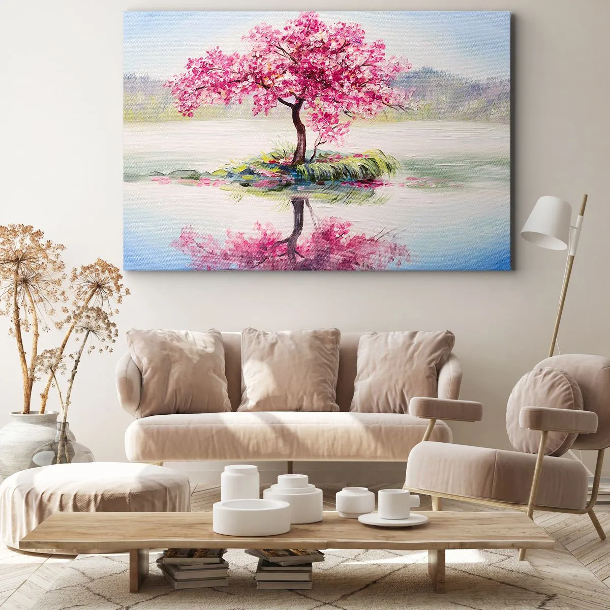 Tablou pe pânză Canvas - Un copac înflorit pe apă liniștită - 70x50cm - Festivalul Primăverii - Decorațiune modernă pentru perete pentru living și dormitor ARTTOR