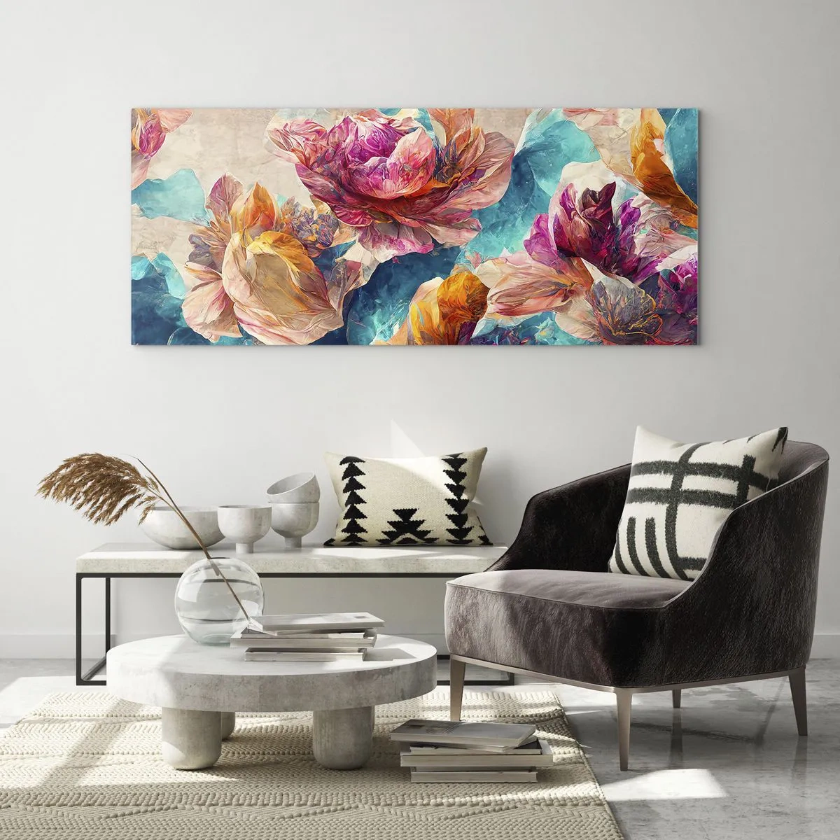 Tablou pe sticlă - Splendoarea colorată a buchetului de flori - 100x40 cm