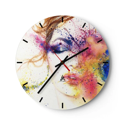 Ceas de perete - Ceas pe sticlă - Portret abstract al unei femei în culorile curcubeului - 30x30cm - Amețeala curcubeului - Decorațiune modernă pentru perete pentru living, bucătărie și dormitor ARTTOR