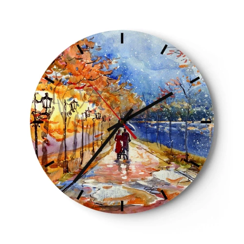 Ceas de perete - Ceas pe sticlă - Parc de toamnă cu o alee, felinare și un cuplu care se plimbă - 30x30cm - Împreună până la limita de timp - Decorațiune modernă pentru perete pentru living, bucătărie și dormitor ARTTOR