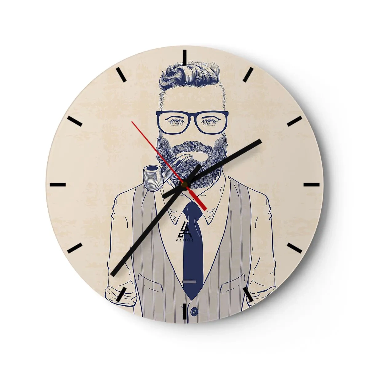 Ceas de perete - Ceas pe sticlă - Imagine hipster cu un bărbat cu barbă și o pipă - 30x30cm - Vesel, masculin și la modă - Decorațiune modernă pentru perete pentru living, bucătărie și dormitor ARTTOR