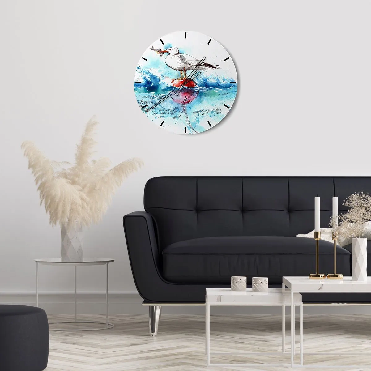 Ceas de perete - Ceas pe sticlă - Un pescăruș cu un pește pe o geamandură printre valuri, reprezentat în stil acuarelă - 30x30cm - Pescuit de succes - Decorațiune modernă pentru perete pentru living, bucătărie și dormitor ARTTOR