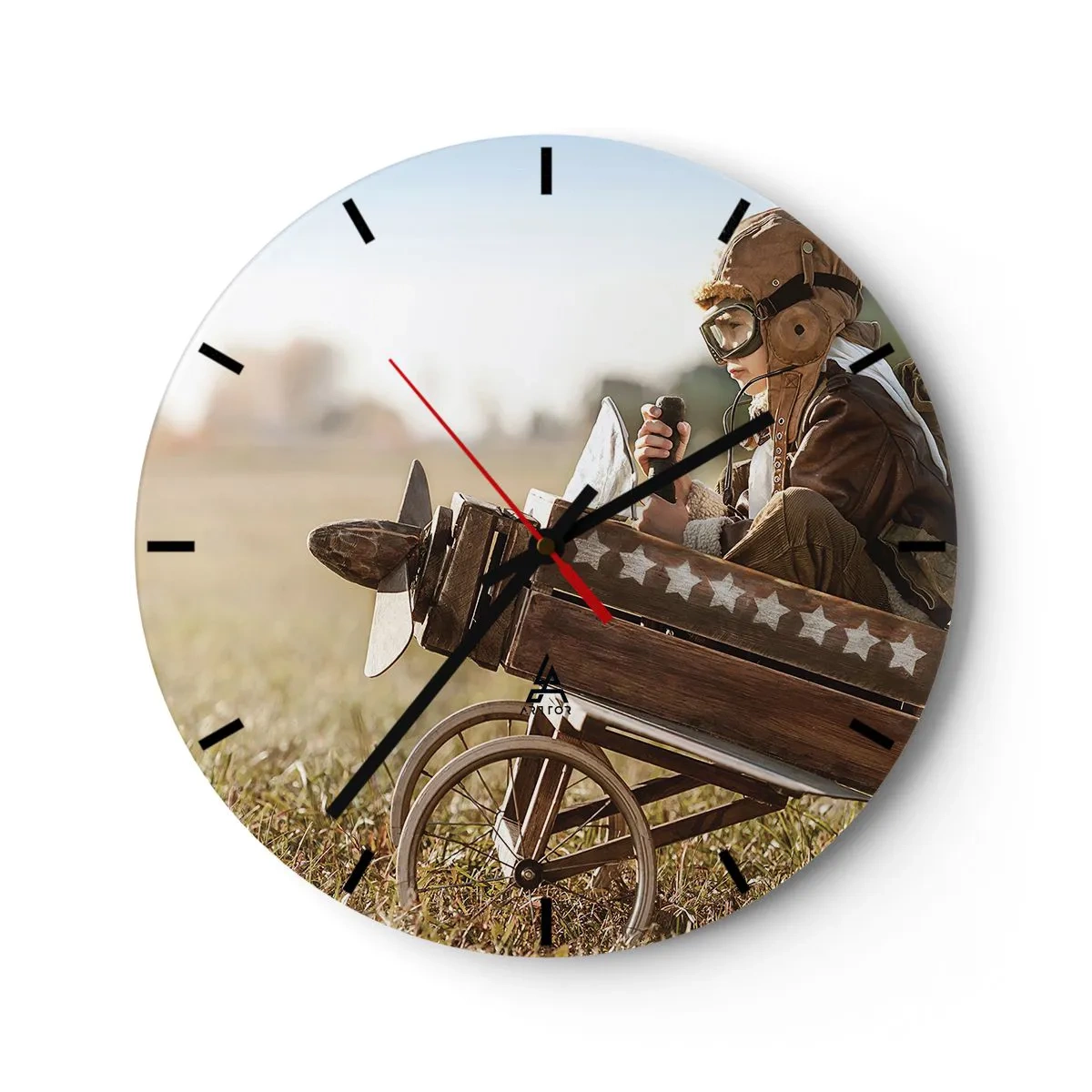 Ceas de perete - Ceas pe sticlă - Un băiat în costum de pilot într-un avion de lemn - 30x30cm - Porniți spre vis - Decorațiune modernă pentru perete pentru living, bucătărie și dormitor ARTTOR