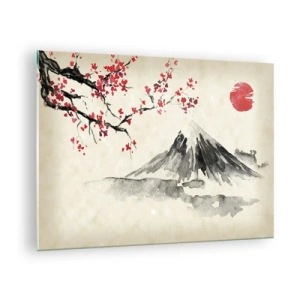 Tablou pe sticlă - Pictură japoneză în acuarelă a unui munte și a unei ramuri înflorite - 70x50cm - Îndrăgostește-te de Japonia - Decorațiune modernă pentru perete pentru living și dormitor ARTTOR