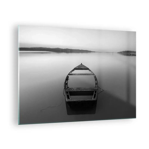 Tablou pe sticlă - O barcă veche pe o suprafață calmă a apei, în alb și negru - 70x50cm - Dor și melancolie - Decorațiune modernă pentru perete pentru living și dormitor ARTTOR