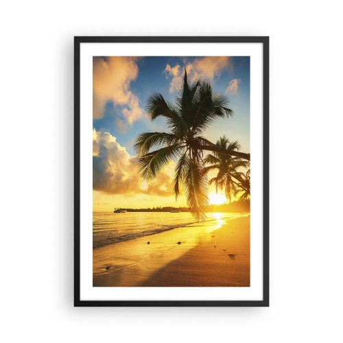 Poster în ramă neagră - Plajă tropicală la apus cu palmieri - 50x70cm - Visul din Caraibe - Decorațiune modernă pentru perete pentru living și dormitor ARTTOR