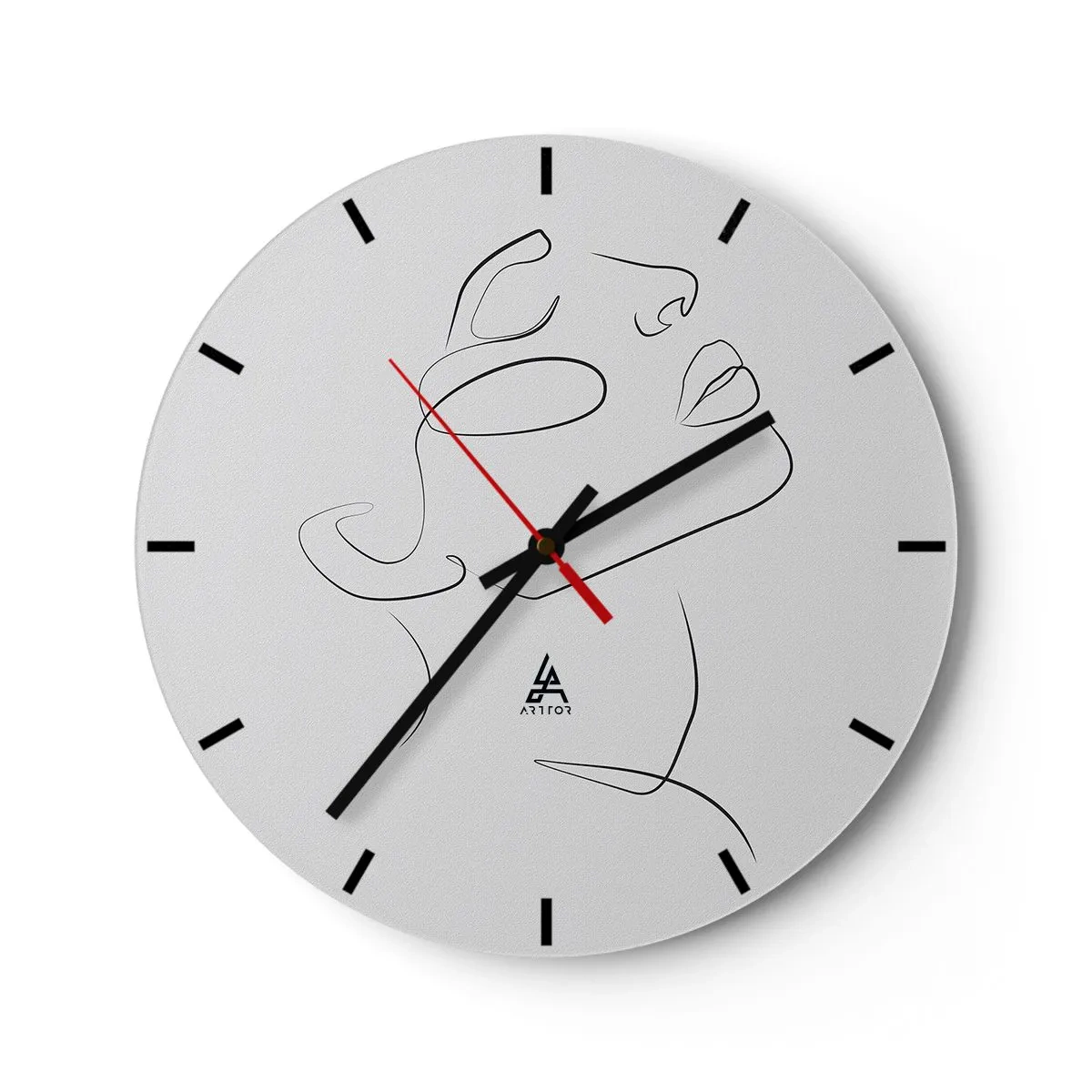 Ceas de perete - Ceas pe sticlă - Un portret minimalist al unei femei realizat cu linii pe fundal alb. - 30x30cm - Meandrele unui vis - Decorațiune modernă pentru perete pentru living, bucătărie și dormitor ARTTOR