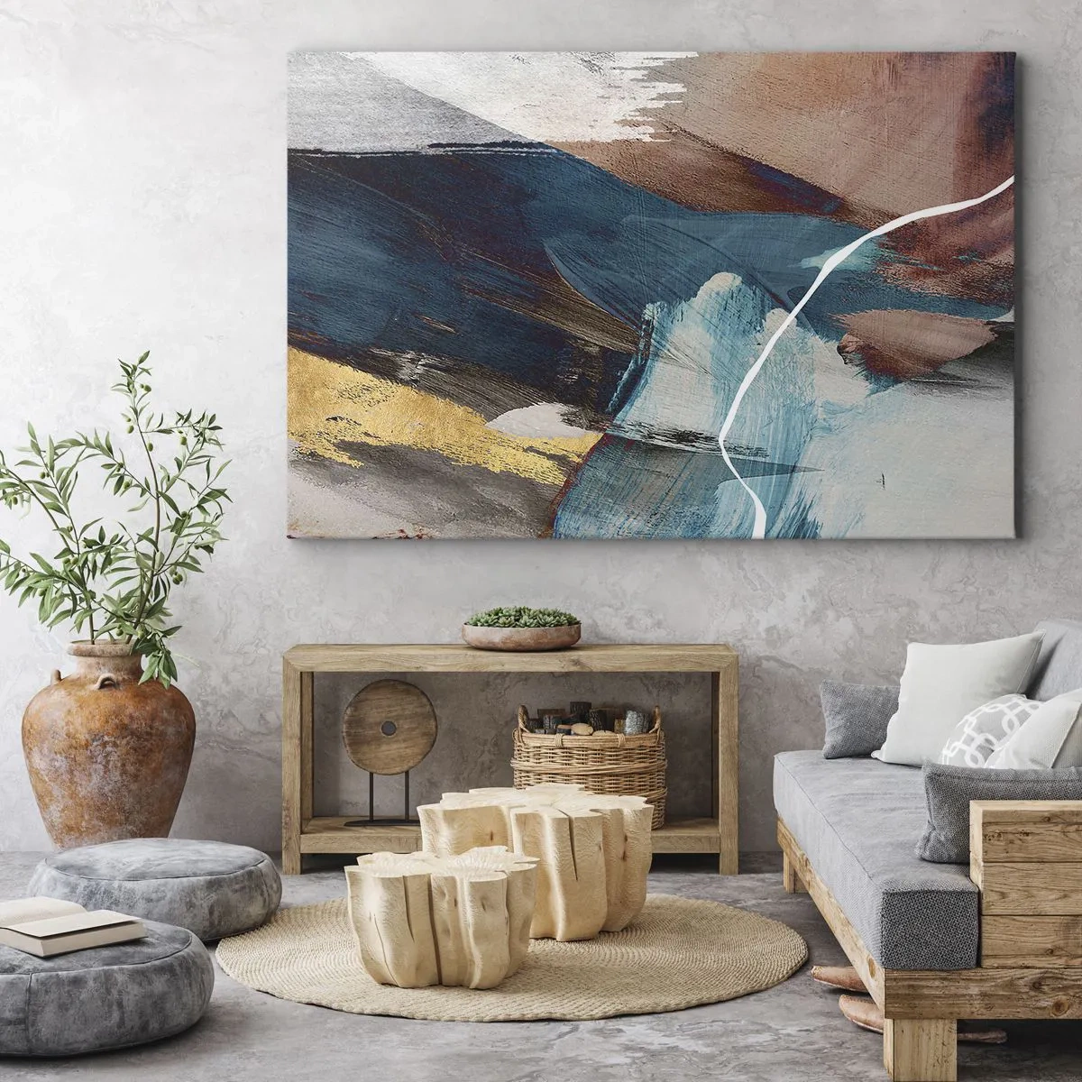Tablou pe pânză Canvas - Pensule abstracte în nuanțe de albastru și auriu - 70x50cm - Cu fler și energie - Decorațiune modernă pentru perete pentru living și dormitor ARTTOR