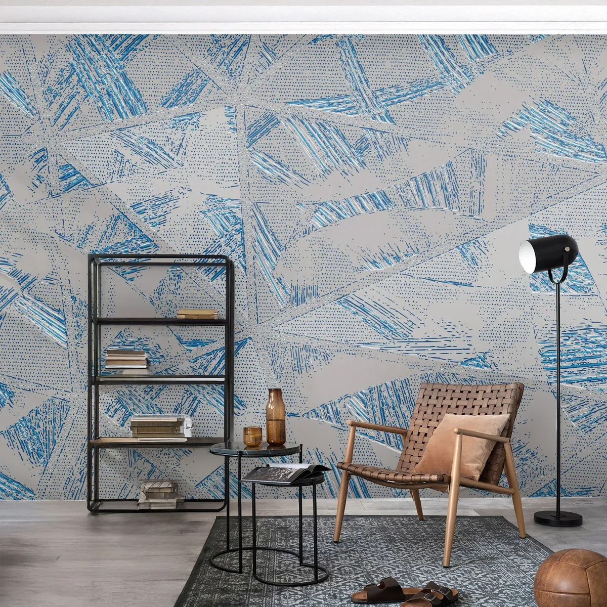 Tapet Standard Eco - Model geometric în nuanțe de gri și albastru - 100x70cm - Într-un labirint de gri-albastru - Decorațiune modernă pentru perete pentru living și dormitor ARTTOR