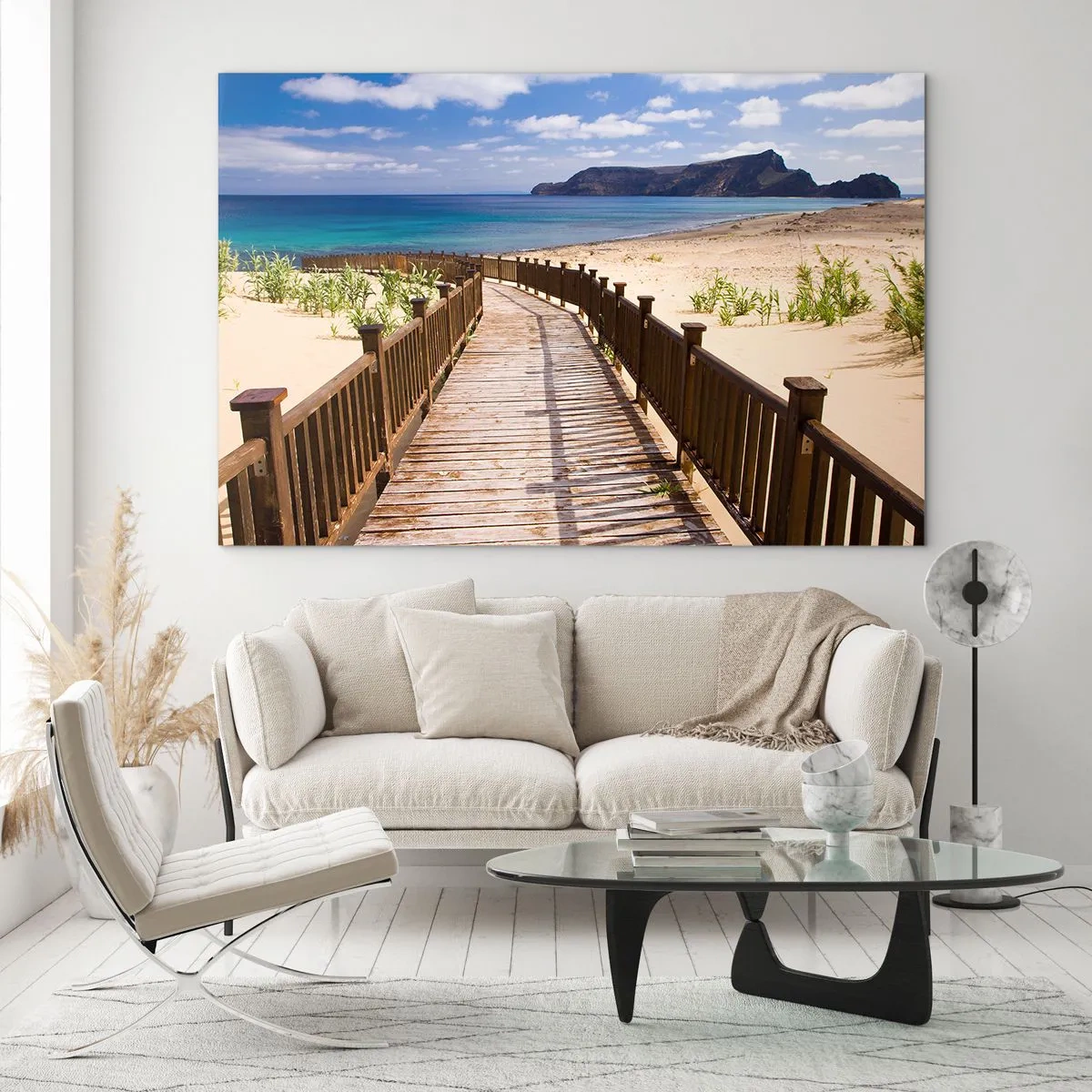 Tablou pe sticlă - Cale de lemn pe plajă care duce la mare - 70x50cm - Du-mă în insulele fericite - Decorațiune modernă pentru perete pentru living și dormitor ARTTOR