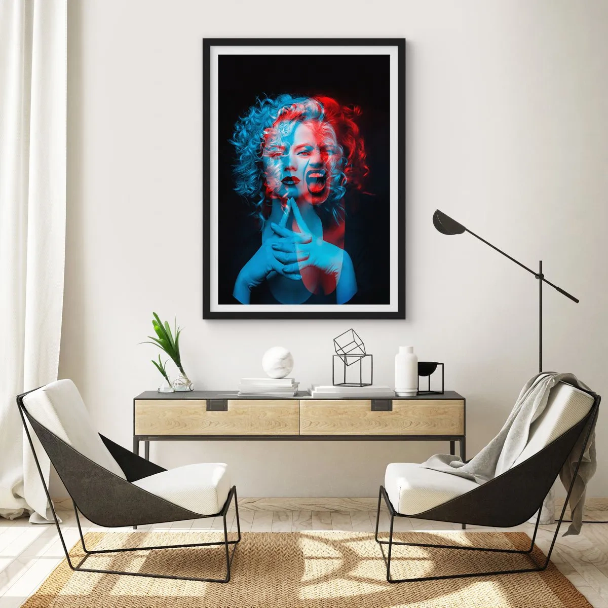 Poster în ramă neagră - Portret artistic al unei femei în efecte 3D în roșu și albastru. - 50x70cm - Alter ego - Decorațiune modernă pentru perete pentru living și dormitor ARTTOR