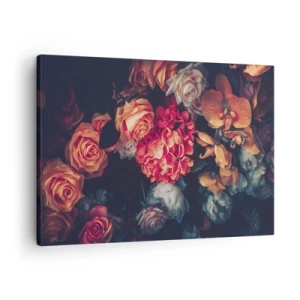 Tablou pe pânză Canvas - Un buchet de flori diverse în tonuri închise - 70x50cm - Ca la maeștri olandezi - Decorațiune modernă pentru perete pentru living și dormitor ARTTOR