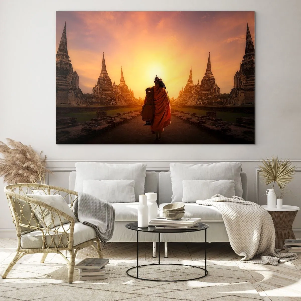 Tablou pe sticlă - Un călugăr pe fundalul apusului de soare și al templelor din Asia - 70x50cm - În pace prin eternitate - Decorațiune modernă pentru perete pentru living și dormitor ARTTOR