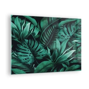 Tablou pe sticlă - Frunze verzi luxuriante într-o compoziție tropicală - 70x50cm - Profunzimea verdelui tropical - Decorațiune modernă pentru perete pentru living și dormitor ARTTOR
