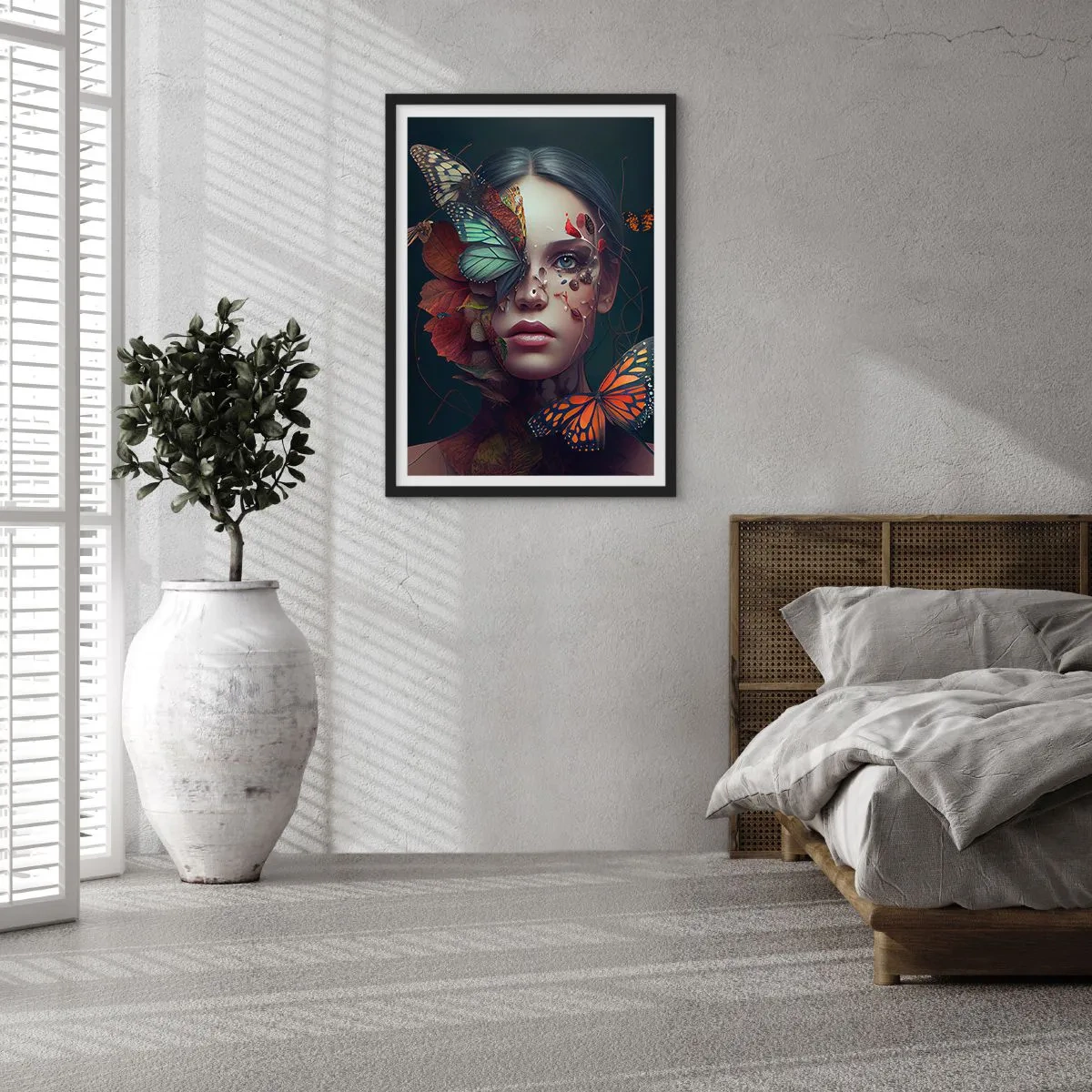 Poster în ramă neagră - Portretul unei femei cu fluturi și frunze - 50x70cm - Transformare minunată - Decorațiune modernă pentru perete pentru living și dormitor ARTTOR