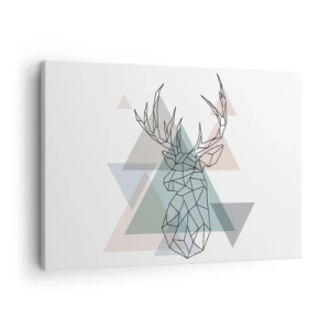 Tablou pe pânză Canvas - Cerb geometric pe un fundal de triunghiuri pastelate - 70x50cm - Într-o pădure geometrică - Decorațiune modernă pentru perete pentru living și dormitor ARTTOR