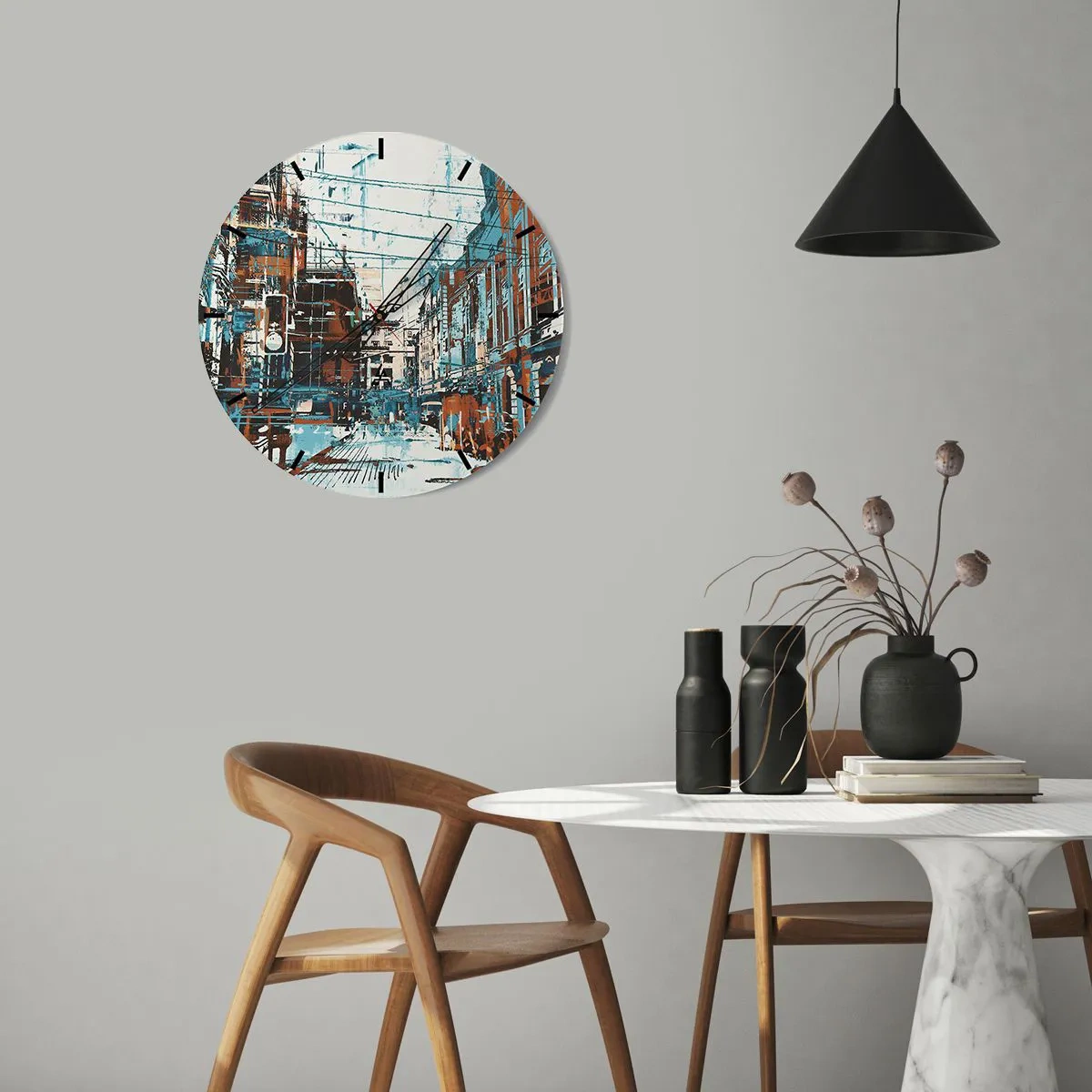 Ceas de perete - Ceas pe sticlă - Stradă abstractă a orașului în nuanțe de albastru și maro - 30x30cm - Un traseu printr-un oraș binecunoscut - Decorațiune modernă pentru perete pentru living, bucătărie și dormitor ARTTOR