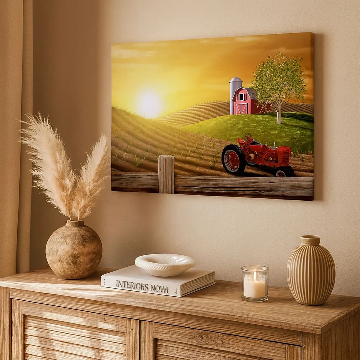 Tablou pe pânză Canvas - Peisaj rural cu un hambar roșu, tractor și răsărit de soare - 70x50cm - O fermă ca un basm - Decorațiune modernă pentru perete pentru living și dormitor ARTTOR