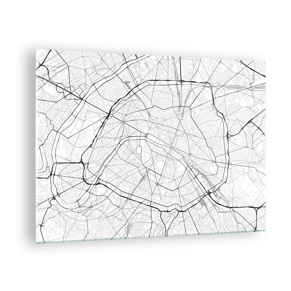 Tablou pe sticlă - Hartă a orașului alb-negru cu grilă stradală și artere circulare - 70x50cm - Floarea Parisului - Decorațiune modernă pentru perete pentru living și dormitor ARTTOR