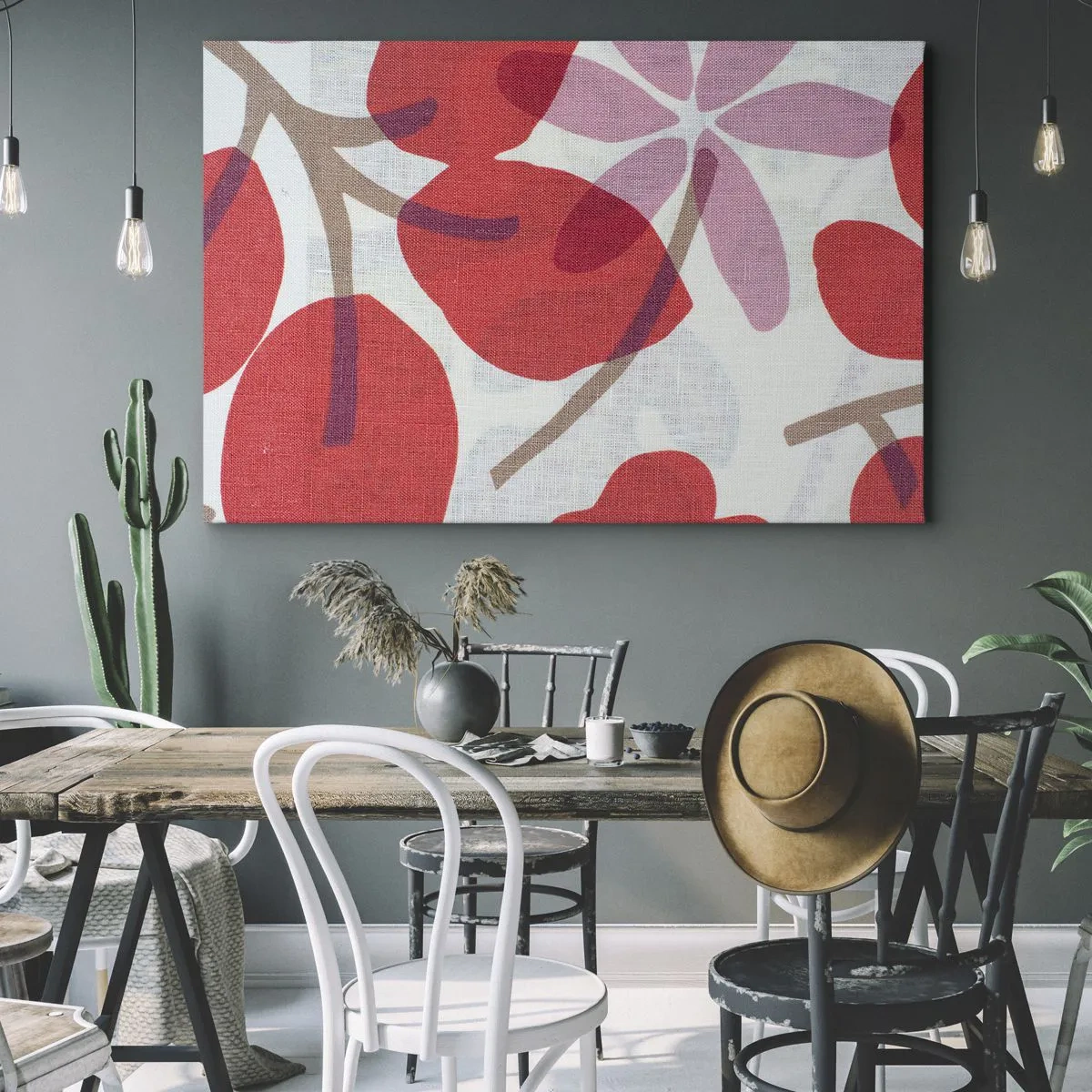 Tablou pe pânză Canvas - Flori și frunze în nuanțe de roșu și roz - 70x50cm - Aranjament floral în roz - Decorațiune modernă pentru perete pentru living și dormitor ARTTOR