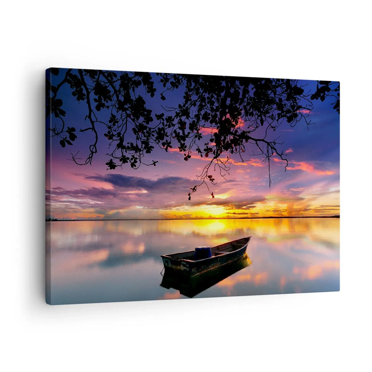 Tablou pe pânză Canvas - O barcă pe ape calme la apus - 70x50cm - "Pari să plutești în mijlocul cerului...” - Decorațiune modernă pentru perete pentru living și dormitor ARTTOR